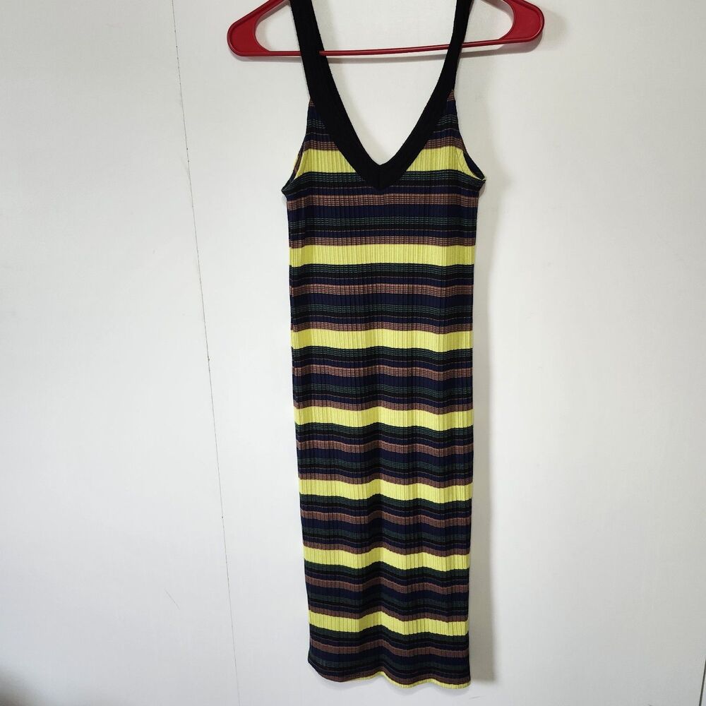 Splendid Jungle Stripe Ribbed Midi Dress V-Neck Sleeveless Y2K Womens S - Picture 2 of 10